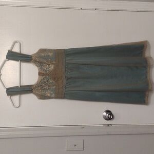 NEW Anthropologie Left of Center Blue Slip Dress Gold Lace Dress Size 0